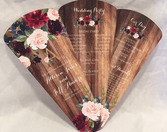 Rustic Floral Wedding Program Fans, Custom Wooden Petal Fan Programs, Burgundy & Navy Watercolor, Farmhouse Wedding