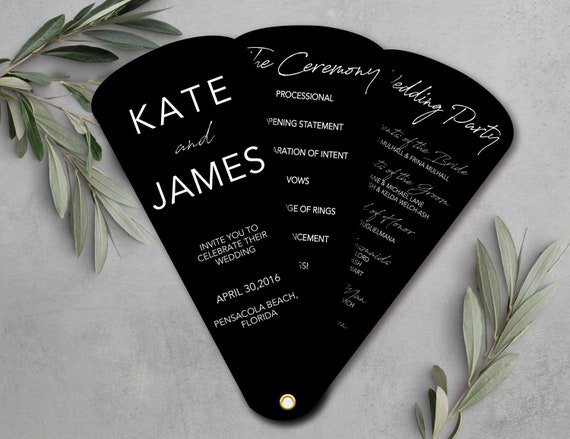 Modern Black Wedding Fan Programs, Minimal Ceremony Cards, Formal Evening Reception Style
