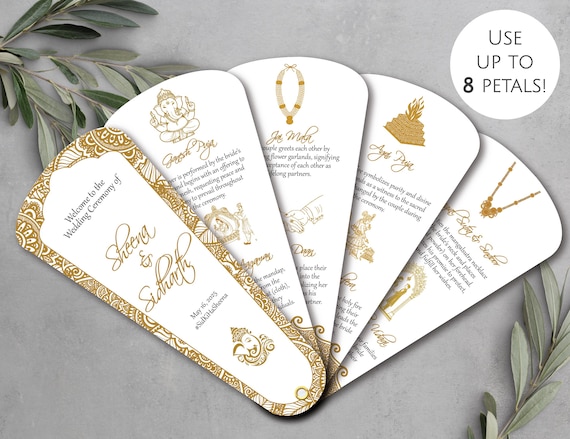 Indian Wedding Program Fans, Mehndi Ceremony Itinerary, Gold Hindu Petal Design