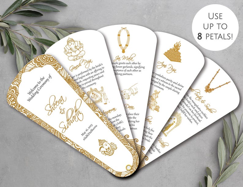 May include: A set of white wedding ceremony fan programs with gold accents. Each fan features a different ceremony element, with text and illustrations. The fans are arranged in a fanned-out display, with a decorative border.