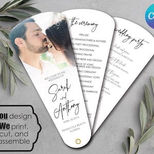 May include: White wedding fan with a photo of a couple kissing, and details of the ceremony. The fan includes the names Sarah and Anthony, and is printed with black text and a gold eyelet.