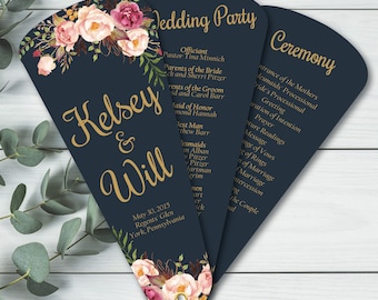 Ceremony Itinerary, Navy Floral Wedding Ceremony Itinerary, Custom Petal Fan Program, Modern Boho Wedding Program, Outdoor Wedding
