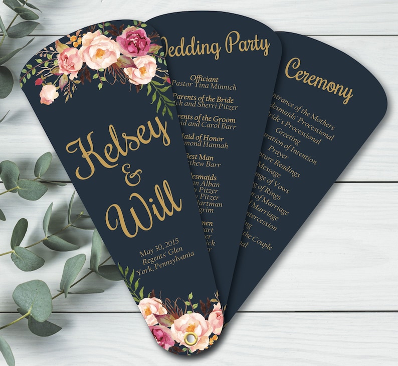 Navy Floral Wedding Ceremony Itinerary, Custom Petal Fan Program, Modern Boho Wedding Program, Outdoor Wedding