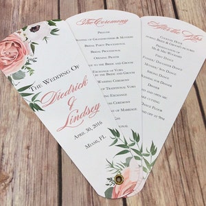 Elegant Roses Wedding Program Fans, Custom Petal Fan Programs, Outdoor Wedding Itinerary Cards, Elegant Rose Florals