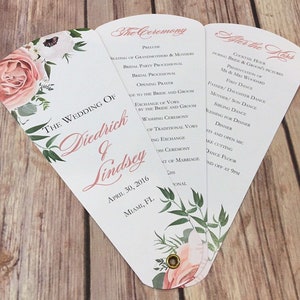 Fãs de programa de casamento de rosas elegantes, programas de fãs de pétalas personalizados, cartões de itinerário de casamento ao ar livre, florais de rosa elegantes