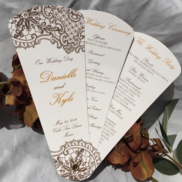 Intricate Lace Wedding Program Fans, Custom Petal Fan Programs, Black Tie Wedding Program, Wedding Itinerary Cards