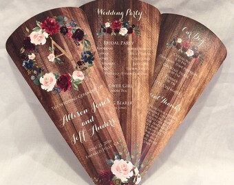 Rustikales Holz Hochzeits-Programm Fans, Blütenblatt Fan-Programme, Outdoor Hochzeit Fan-Programme - Burgund und Marine Aquarell Floral - Holz Monogramm