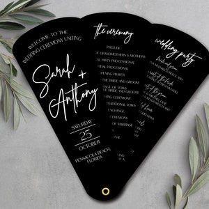 Ceremony Itinerary Wedding Program Petal Fans Assembled, Minimalist Black Arch Details Card, Simplistic Hand fans for Outdoor Wedding
