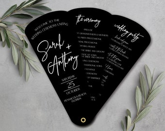 Ceremony Itinerary Wedding Program Fans, Black Arch Wedding Petal Fans, Simplistic Wedding Programs, Minimalist Wedding