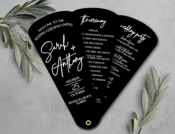 Black Arch Fan Programs, Modern Ceremony Cards, Sleek Handheld Wedding Details