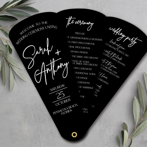 Ceremony Itinerary Wedding Program Fans, Black Arch Wedding Petal Fans, Simplistic Wedding Programs, Minimalist Wedding