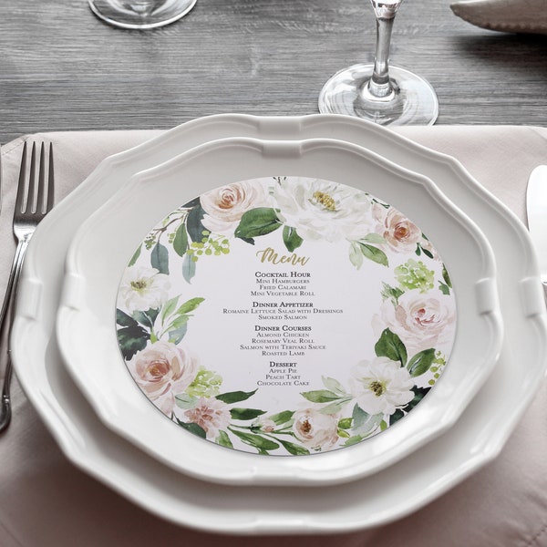 Printed Round Wedding Menu Cards, Plate Menu Cards, Special Event Menu Cards, Blush Menu Cards, Ethereal Blush