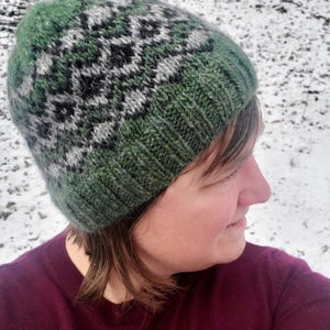 May include: A green, black and white knitted hat with a geometric pattern. The hat is being worn by a person with brown hair.
