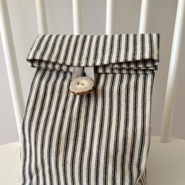 Sale 20% off with code TWENTY. Cloth lunch bag.  Ticking striped fabric.  Lunch bag. Reusable lunch bag.Seniors. Handmade.  Kids. Adults.