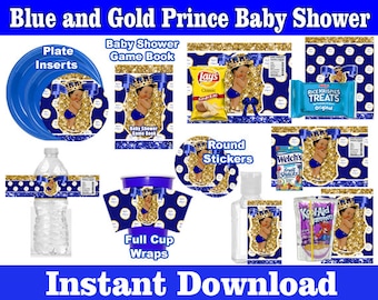 Blau und Gold Kleiner Prinz Thema Babyparty Benutzerdefinierte Leckereien - Kartoffelchip-Tasche - Rice Krispies-Leckereien - Platteneinsätze Spielbuch - Bundle-Deal
