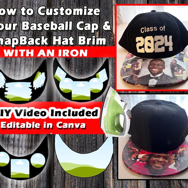 Video & Template for Baseball Cap Bill - Back Strap - PNG Instant Download - Link to DIY Video Included How to Customize your Hat Brim -PSD