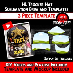May include: Black trucker hat template with gold glitter star design and the text "Congrats TREY PROUD MOM 2025 GRAD". Includes a 3-piece template, supply list, DIY videos, and mockups. Edit in Canva with drag and drop.