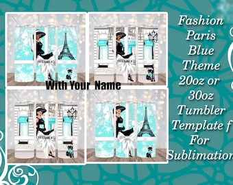 Paris Blue Theme 20oz or 30oz Tumbler Template for Sublimation - 20 or 30  ounce Custom Tumbler Template with Your Name Fashion Theme
