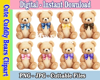 Brauner Teddybär Bundle mit Rosa-Blau-Braun-Gelb - Schleifen - Baby Shower - Gender Reveal Party - Instant Download - Digitale PNG-Dateien