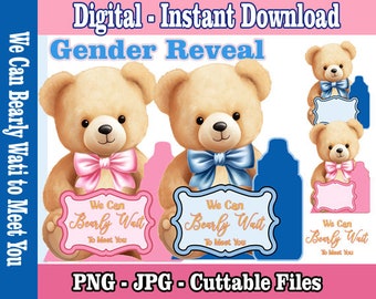 Wir können darauf warten, Sie zu treffen - Baby Shower - Gender Reveal Party - Bär rosa blaue Schleife - Mittelstücke - sofortiger Download - digitale PNG-Datei