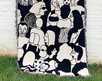 Crowd Illustrated Woven Blanket | faces woven blanket | statement blanket decor | black and white throw blanket | woven art portraits