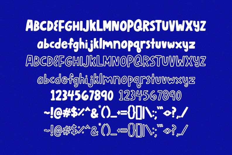 May include: White font on a blue background showing the alphabet in uppercase and lowercase, numbers 1 through 0, and punctuation marks. The font is a cartoon-style font with rounded edges.