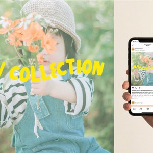 May include: A child wearing a striped shirt and dungarees holds a bunch of orange flowers. The text "NEW COLLECTION" is written in yellow letters across the image.