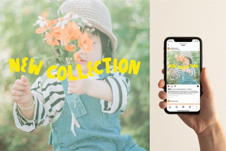 May include: A child wearing a striped shirt and dungarees holds a bunch of orange flowers. The text "NEW COLLECTION" is written in yellow letters across the image.