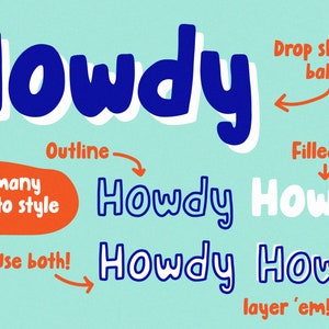 May include: A graphic design tutorial showing different ways to style the word "Howdy" using a blue and white outline, a white filled-in version, and a combination of both. The text "Drop shadow, baby!" and "Filled in" are also included in the image.