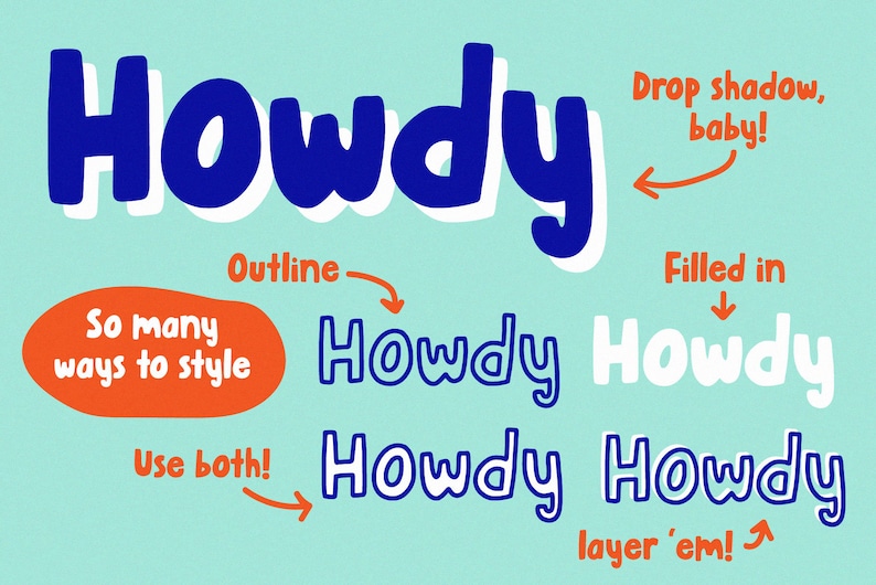 May include: A graphic design tutorial showing different ways to style the word "Howdy" using a blue and white outline, a white filled-in version, and a combination of both. The text "Drop shadow, baby!" and "Filled in" are also included in the image.
