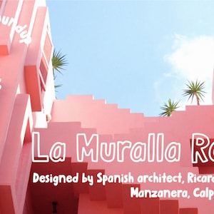 May include: A pink building with a staircase leading up to a rooftop terrace. The building is called "La Muralla Roja" and was designed by Spanish architect Ricardo Bofill. The building is located in Manzanera, Calpe, Spain.