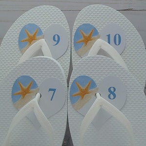 Size Tag for Flip Flops at Beach Wedding, Easy, No Knot Tying, Heart Shaped Flip-Flop, thong sandal, flippies, number labels.