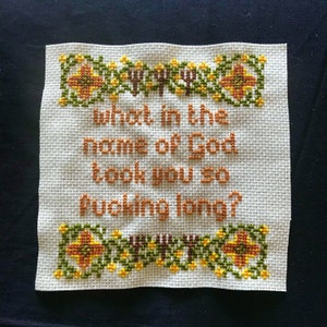 Peut inclure: Une broderie au point de croix blanche avec une bordure florale marron et orange. Le texte dit "What in the name of God took you so fucking long?"
