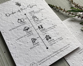 Seeded paper wedding stationery | wedding order of the day card | eco friendly stationery | plantable wedding invites | wedding timeline