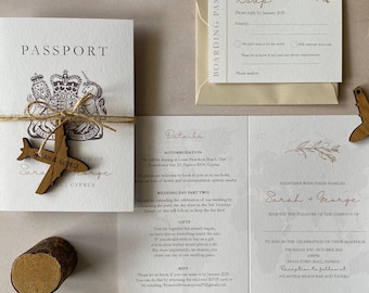 Passport Wedding Invitation: Abroad Wedding with Wooden Aeroplane Tag