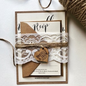 Shabby Chic Wedding Invitation- twine - lace Wedding Stationery - Rustic Wedding Invites- Lace- Engraved Wooden Heart