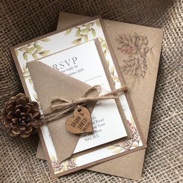 Rustic Wedding Invitation - Outdoor Wedding Stationery - Rustic Wedding Invites- Engraved -  Wooden Heart - Nature