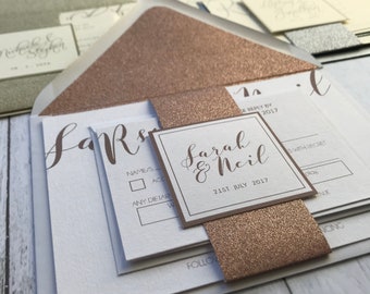 Glitter Wedding Invitation - rose gold wedding - Wedding Stationery - Wedding Invites- Silver wedding - glitter belly band