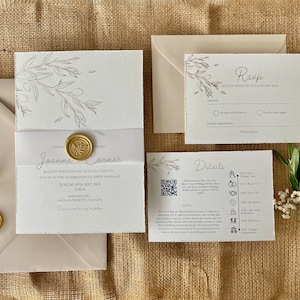 modern wedding invitation | Torn Edge invite | wax seal | Neutral wedding stationery | Olive tree | olive illustration