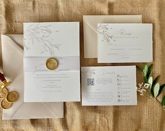 modern wedding invitation | Torn Edge invite | wax seal | Neutral wedding stationery | Olive tree | olive illustration