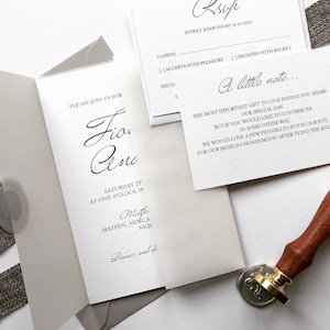 Modern Wedding Invitation - Grey Wedding Stationery - Wedding Invites- Wax seal - vellum invites