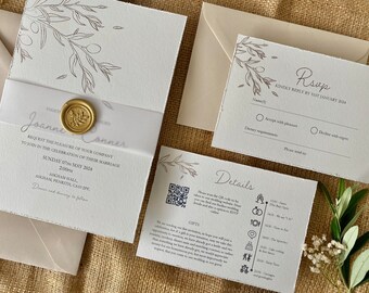 Olive branch wedding invitation | Torn Edge invite | modern | wax seal | Neutral wedding stationery | Olive tree | olive illustration