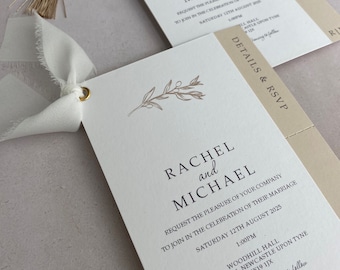 Elegant Beige Wedding Invitation with RSVP: Gold Accent