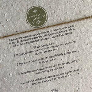 May include: A close-up of a light brown paper invitation with the text "love grows" in a green circle. The paper is made from recycled cotton and embedded with bee-friendly flower seeds. The instructions for planting the seeds are listed below.