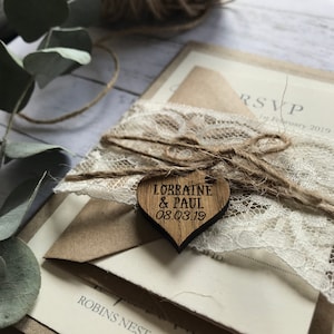 R1 - Rustic Wedding Invitation - lace Wedding Stationery - Rustic Wedding Invites- Lace- Engraved Wooden Heart