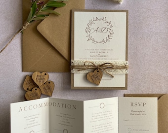 R2 - Rustic Wedding Invitation- twine - lace Wedding Stationery - Barn wedding - Rustic Wedding Invites - Lace- Engraved Wooden Heart