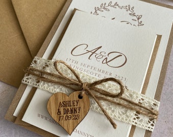 R2 - Rustic Wedding Invitation - lace Wedding Stationery - Barn wedding - Rustic Wedding Invites - Lace- Engraved Wooden Heart - Shabby Chic