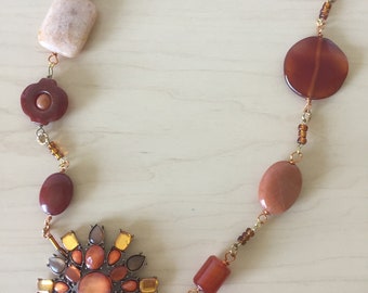 Vintage Brooch Repurposed with Gemstones into New Necklace and Matching Earrings