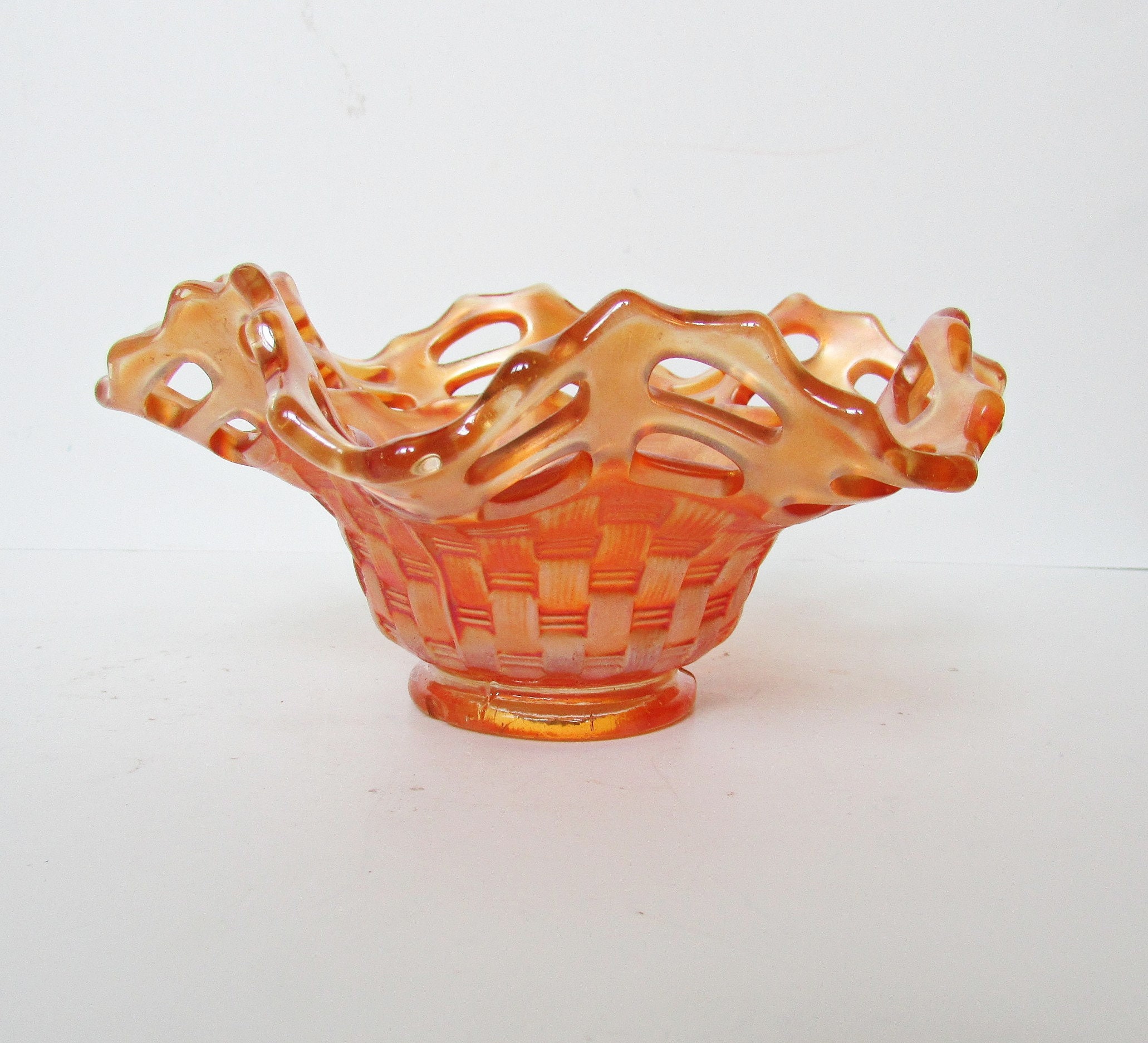 Vintage Fenton Marigold Carnival Glass Basket Weave Open Edge Etsy