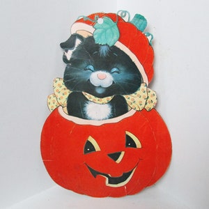 Vintage Flocked Halloween Black Cat and Pumpkin Die Cut
